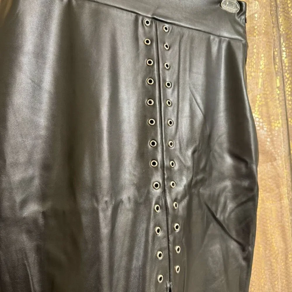 Andrea Sexy Goth Black Faux Leather Lace Up Bodycon Skirt Large